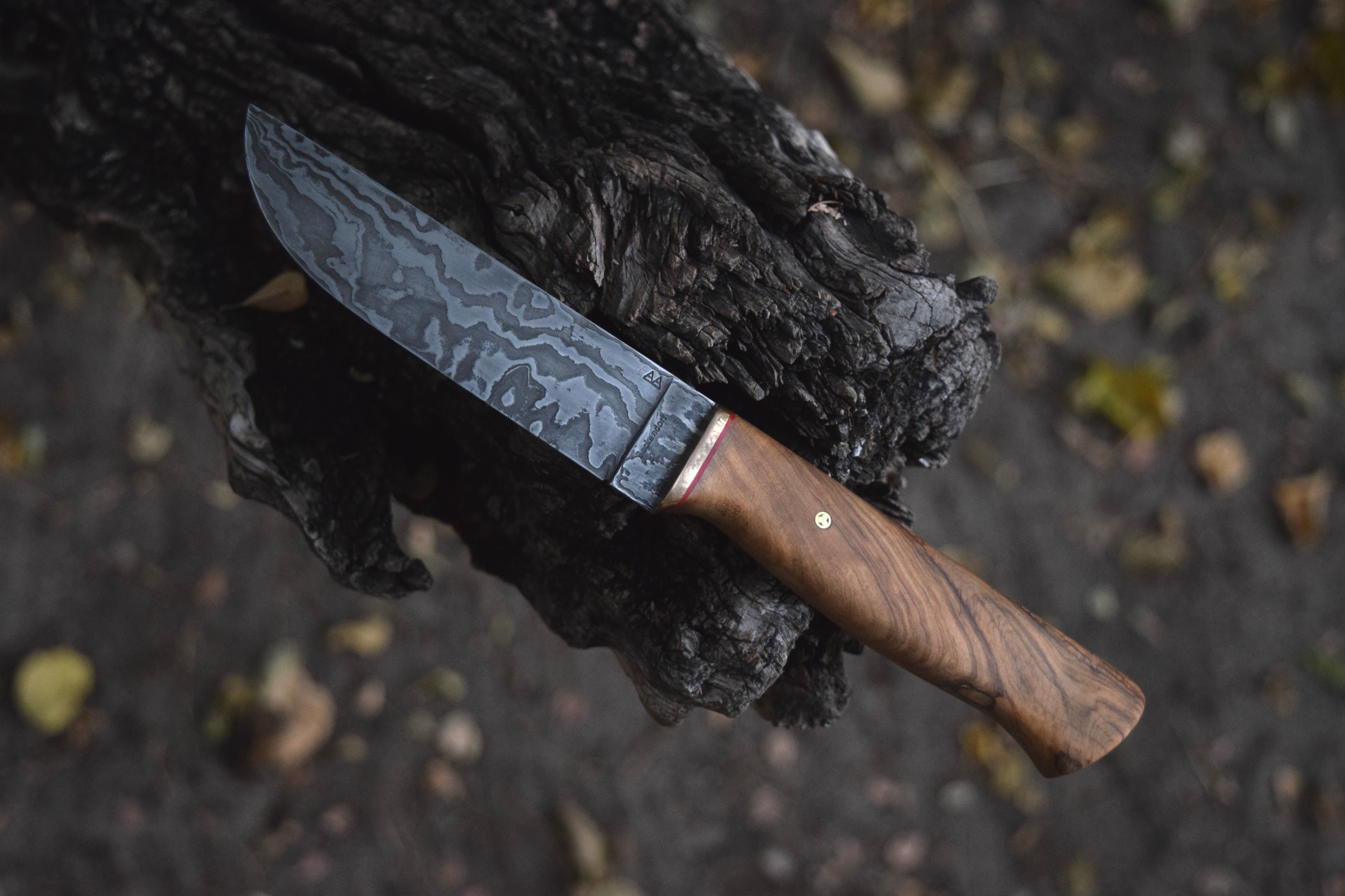 An 80-layer damascus Bushbuck with an Olivewood handle